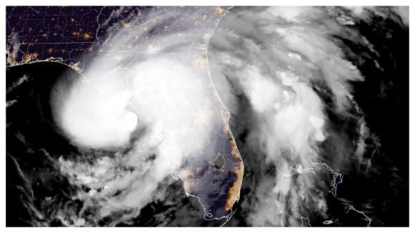 This National Oceanic and Atmospheric Administration satellite image taken at 11:11pm ET shows Hurricane Debby approaching Florida on Sunday, Aug. 4, 2024. (NOAA via AP)