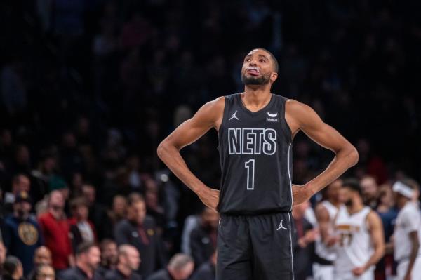 Brooklyn Nets forward Mikal Bridges (1) reacts in the second half against the Denver Nuggets at Barclays Center, Friday, Dec. 22, 2023, in Brooklyn, NY.